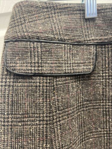 Vintage GEOFFREY BEENE Sport Brown Tweed A Line Midi Skirt Size 8 Leather Trim - Image 4
