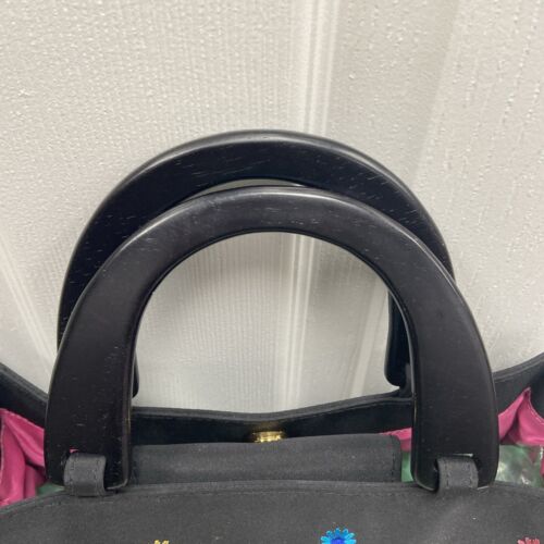 Bright Flowers On Black Tianni Purse, Black Weeden Handles, Hot Pink Lining - Image 2