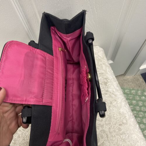 Bright Flowers On Black Tianni Purse, Black Weeden Handles, Hot Pink Lining - Image 3