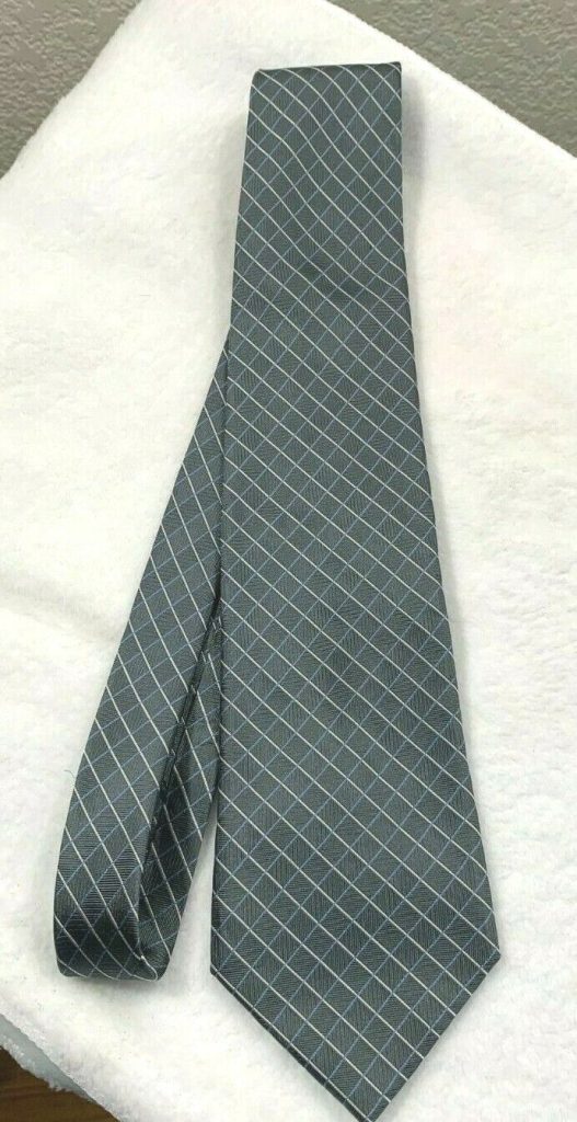 Arrow Neck Tie Charcoal Gray + Blue Square Pattern Silk Length 58" Width 3 75".. Main Image