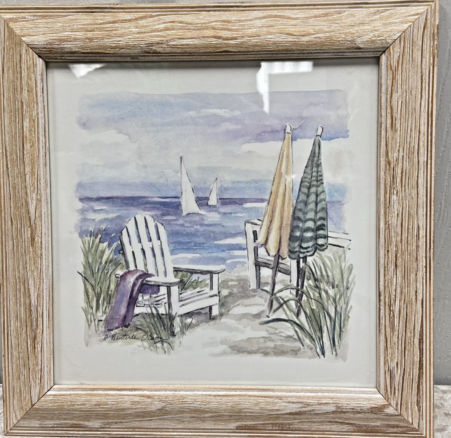 C Winterle Olson Signed Beach Coastal White Washed Wood Framed Print 11.5 X 11.5 - Image 2