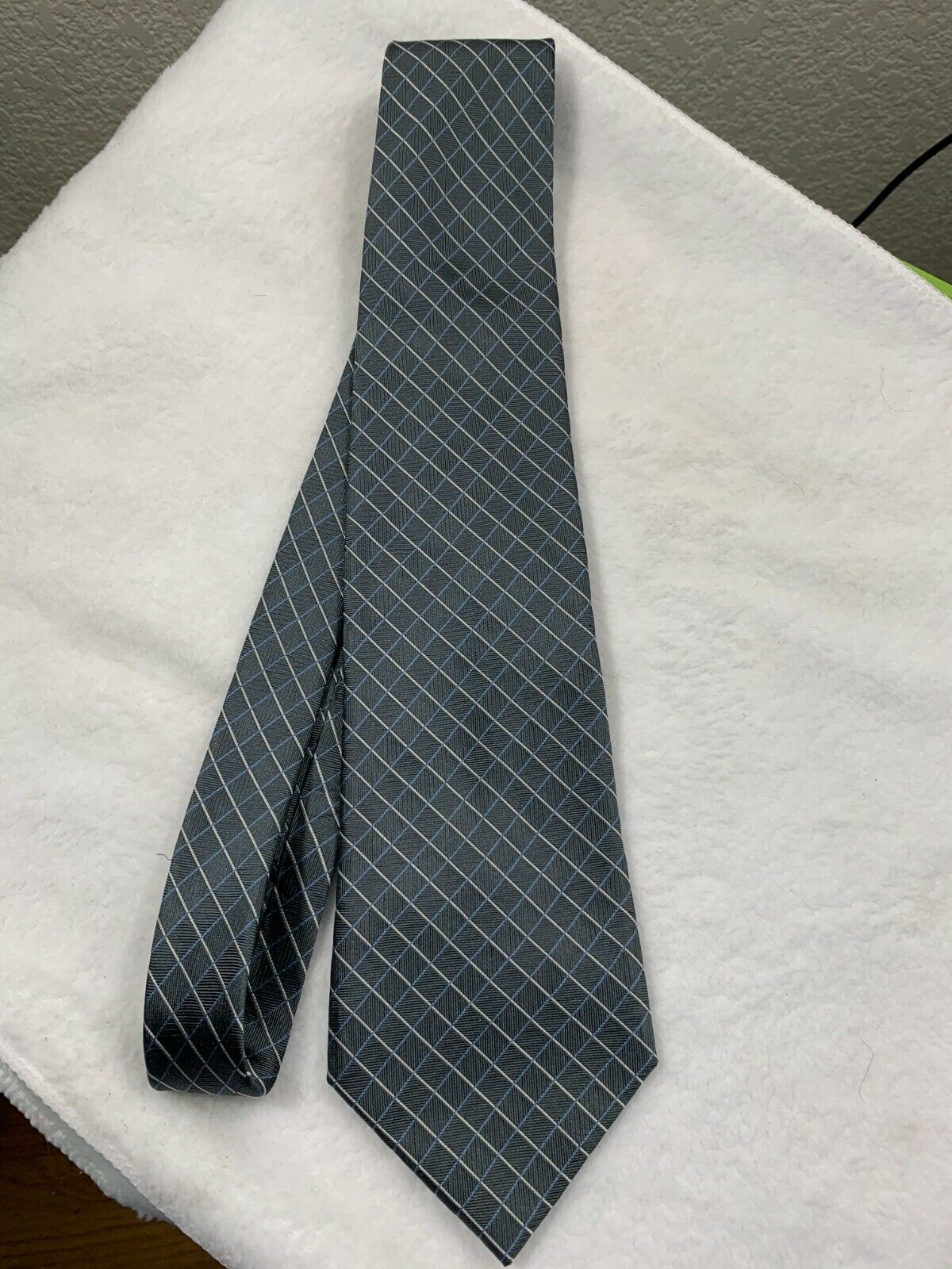Arrow Neck Tie Charcoal Gray + Blue Square Pattern Silk Length 58" Width 3 75".. - Image 3