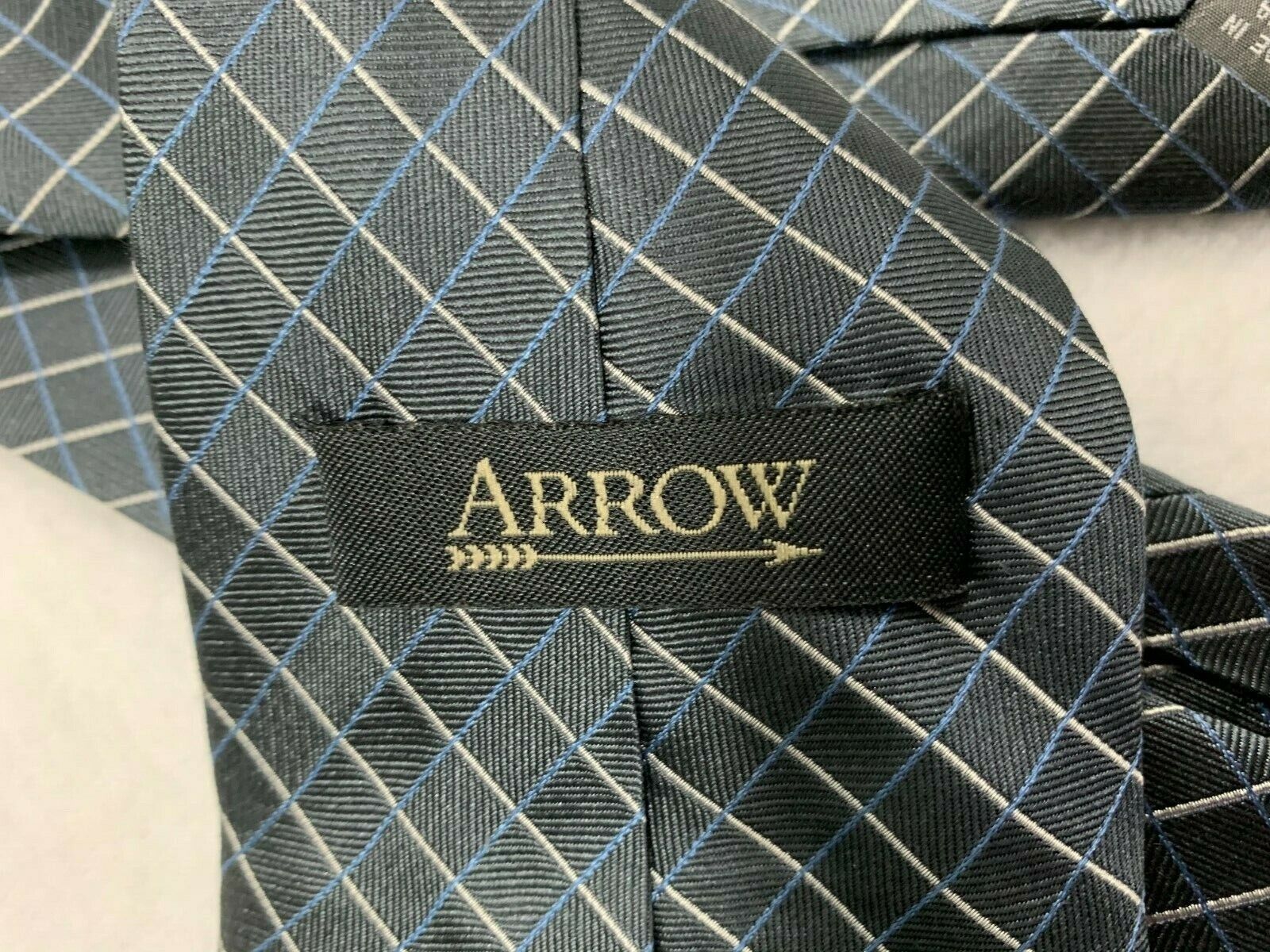 Arrow Neck Tie Charcoal Gray + Blue Square Pattern Silk Length 58" Width 3 75".. - Image 5