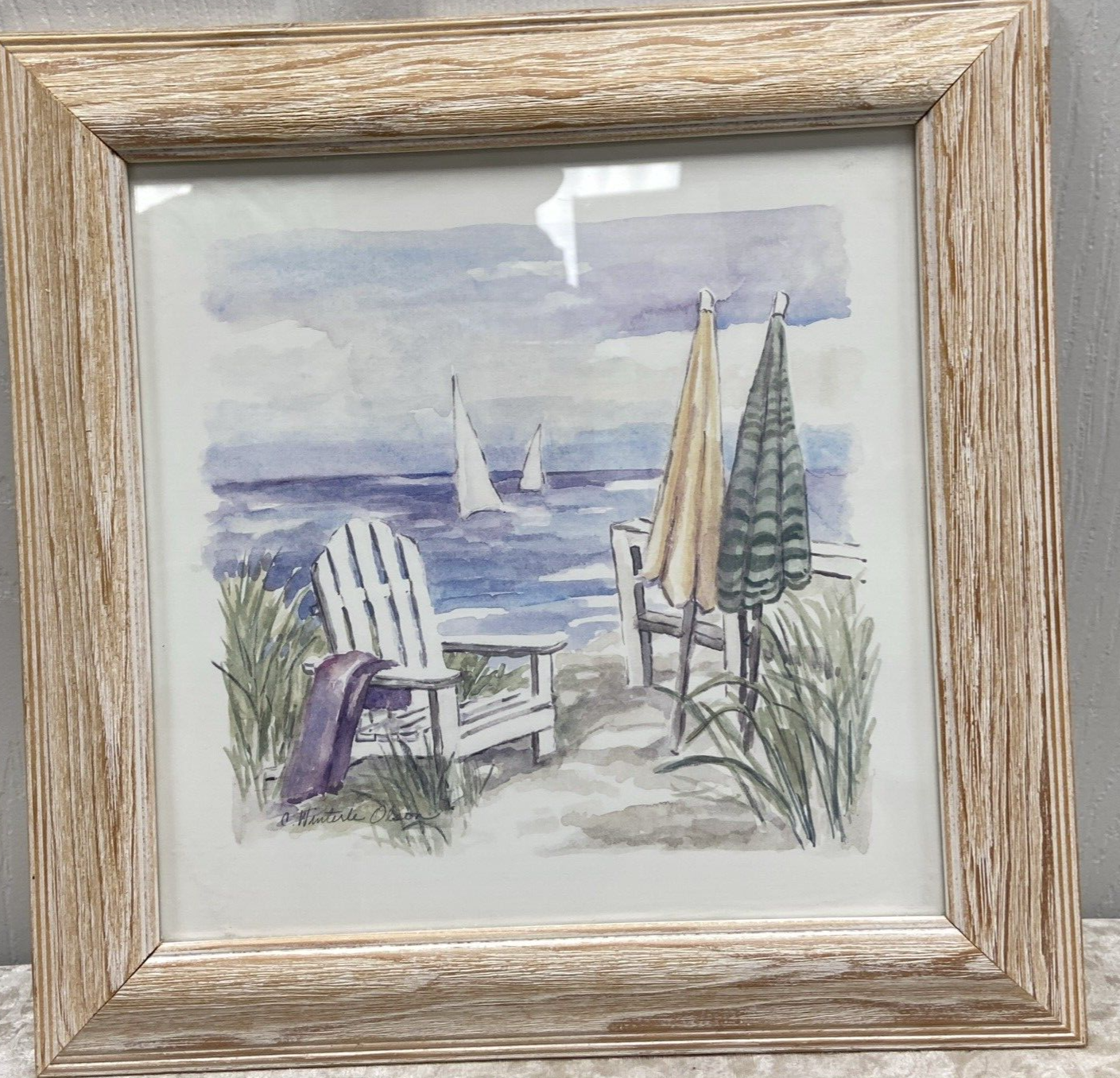C Winterle Olson Signed Beach Coastal White Washed Wood Framed Print 11.5 X 11.5 - Image 3
