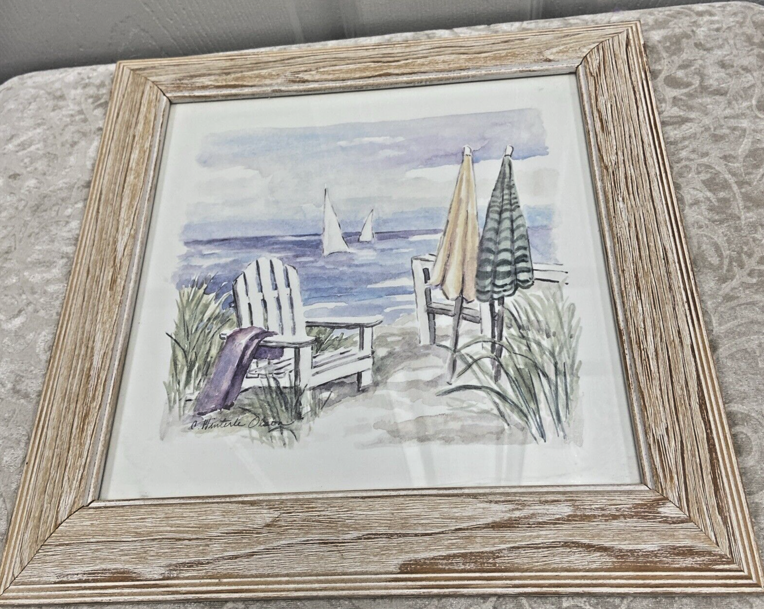 C Winterle Olson Signed Beach Coastal White Washed Wood Framed Print 11.5 X 11.5 - Image 4