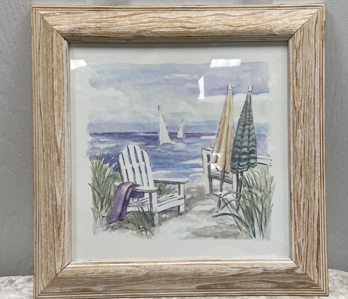 C Winterle Olson Signed Beach Coastal White Washed Wood Framed Print 11.5 X 11.5 - Image 5