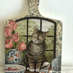 WILSCOMBE COLLECTIBLE MELAMINE TABBY CAT CUTTING BOARD BY JENNY BARRON