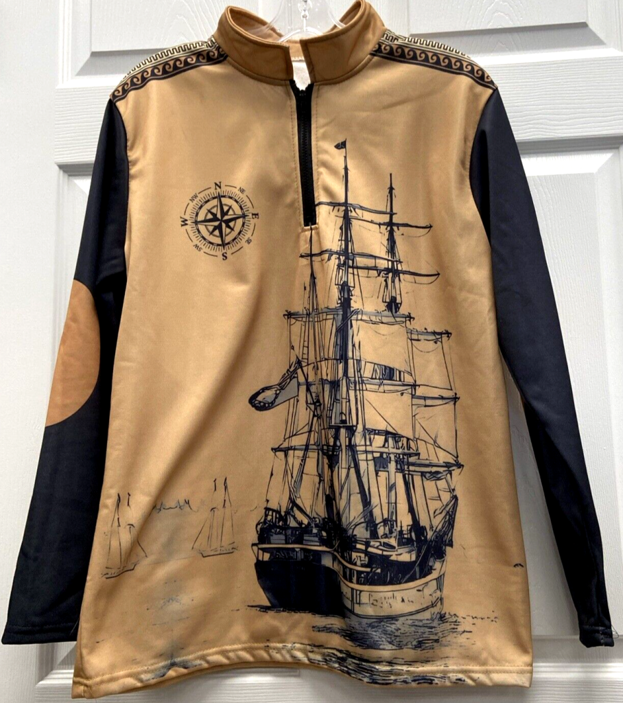 Mens Nautical Ship w/ Compass Hoodie Polyester New 1/4 Zipper Hoodie Tan Size M Main Image