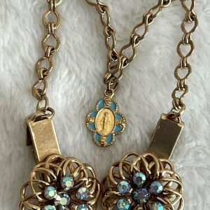 Vintage St. Mary Blue Rhinestone Sweater Scarf Guard Clip Gold Tone Chain