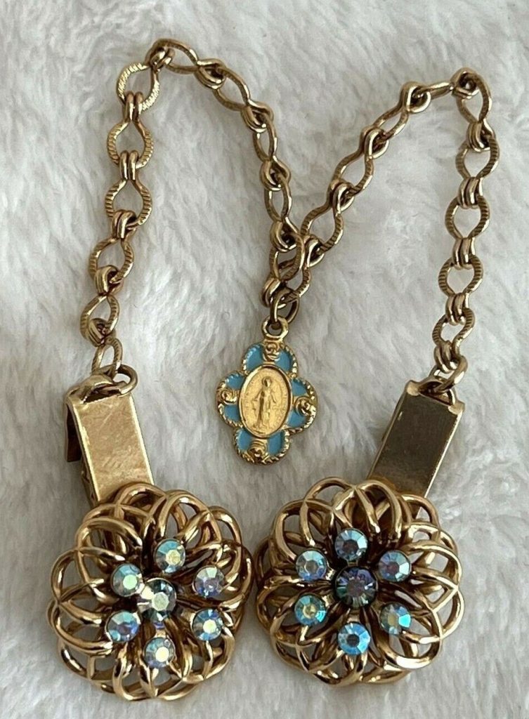 Vintage St. Mary Blue Rhinestone Sweater Scarf Guard Clip Gold Tone Chain Main Image