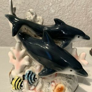 Very Beautiful Vintage Glazed Porcelain Dolphins Figurine Swimming with Fish