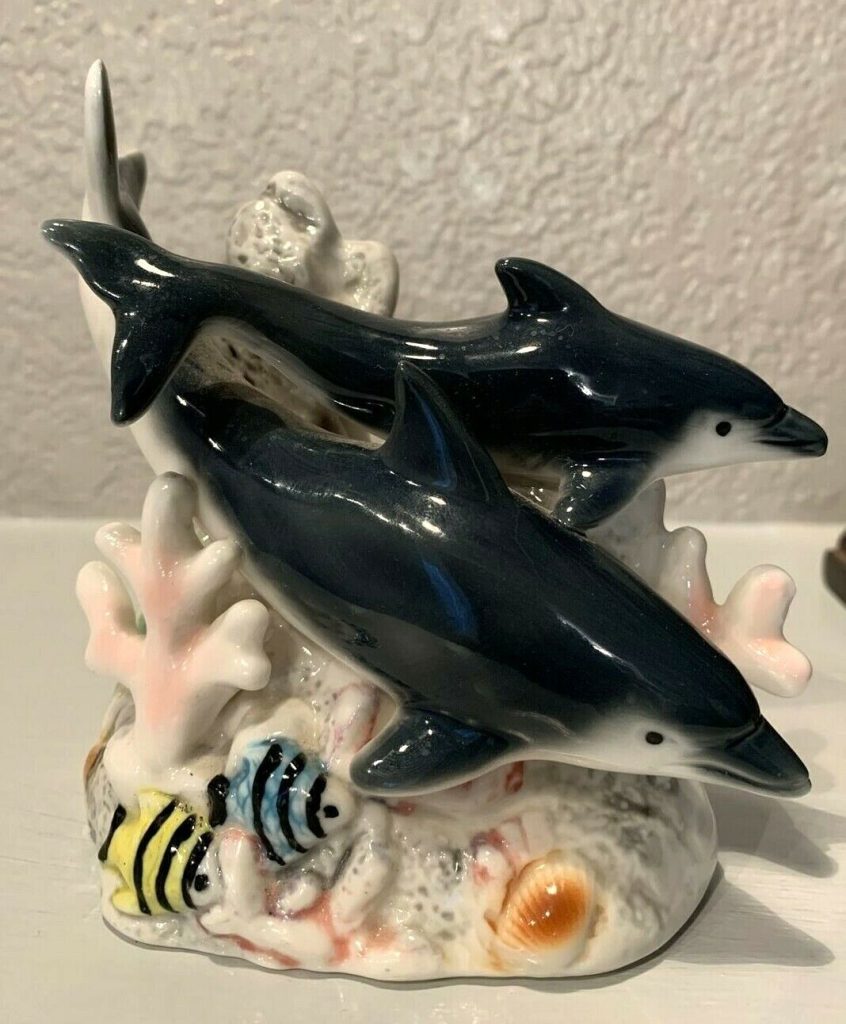 Very Beautiful Vintage Glazed Porcelain Dolphins Figurine Swimming with Fish  Main Image
