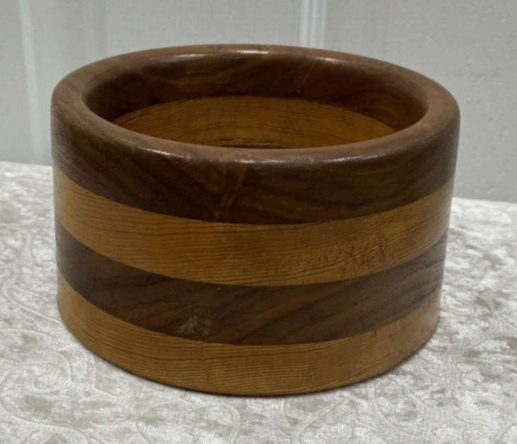 Vintage Small Solid Custom Handmade Striped Two Tone Wooden Bowl - Image 4