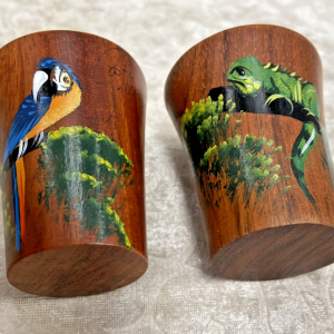 Lot of 2 Vintage Wooden Carved Mini Shot Glasses Parrot and Iguana