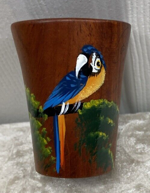 Lot of 2 Vintage Wooden Carved Mini Shot Glasses Parrot and Iguana - Image 2