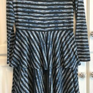LulaRoe M Georgia Fit & Flare Ruffle Tiered Dress Blues and Grays Stripes Pretty