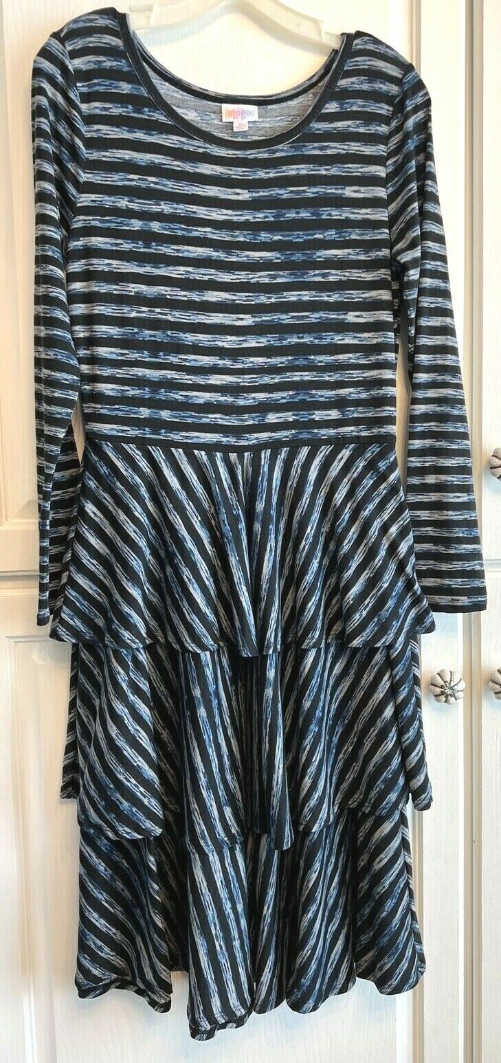 LulaRoe M Georgia Fit & Flare Ruffle Tiered Dress Blues and Grays Stripes Pretty