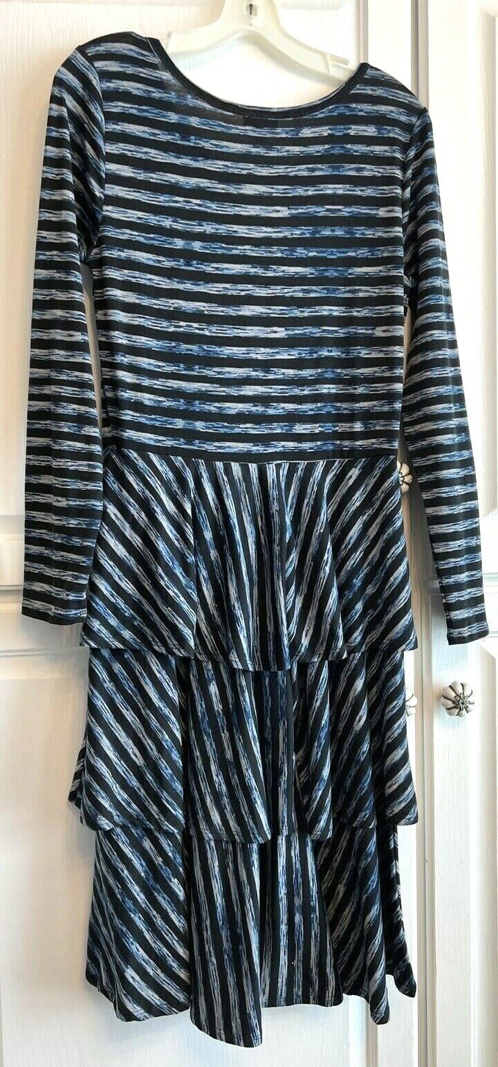LulaRoe M Georgia Fit & Flare Ruffle Tiered Dress Blues and Grays Stripes Pretty - Image 2
