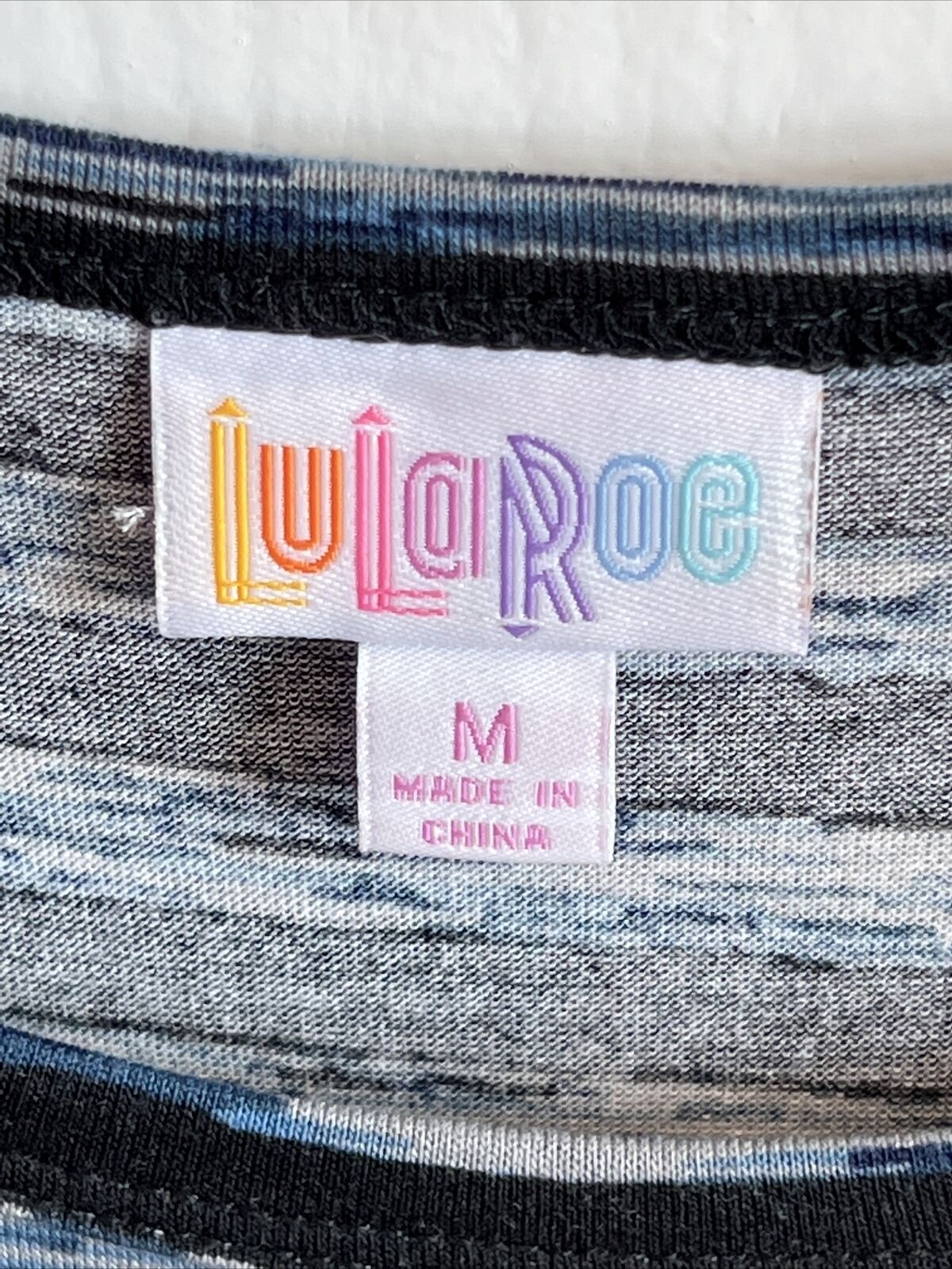 LulaRoe M Georgia Fit & Flare Ruffle Tiered Dress Blues and Grays Stripes Pretty - Image 3