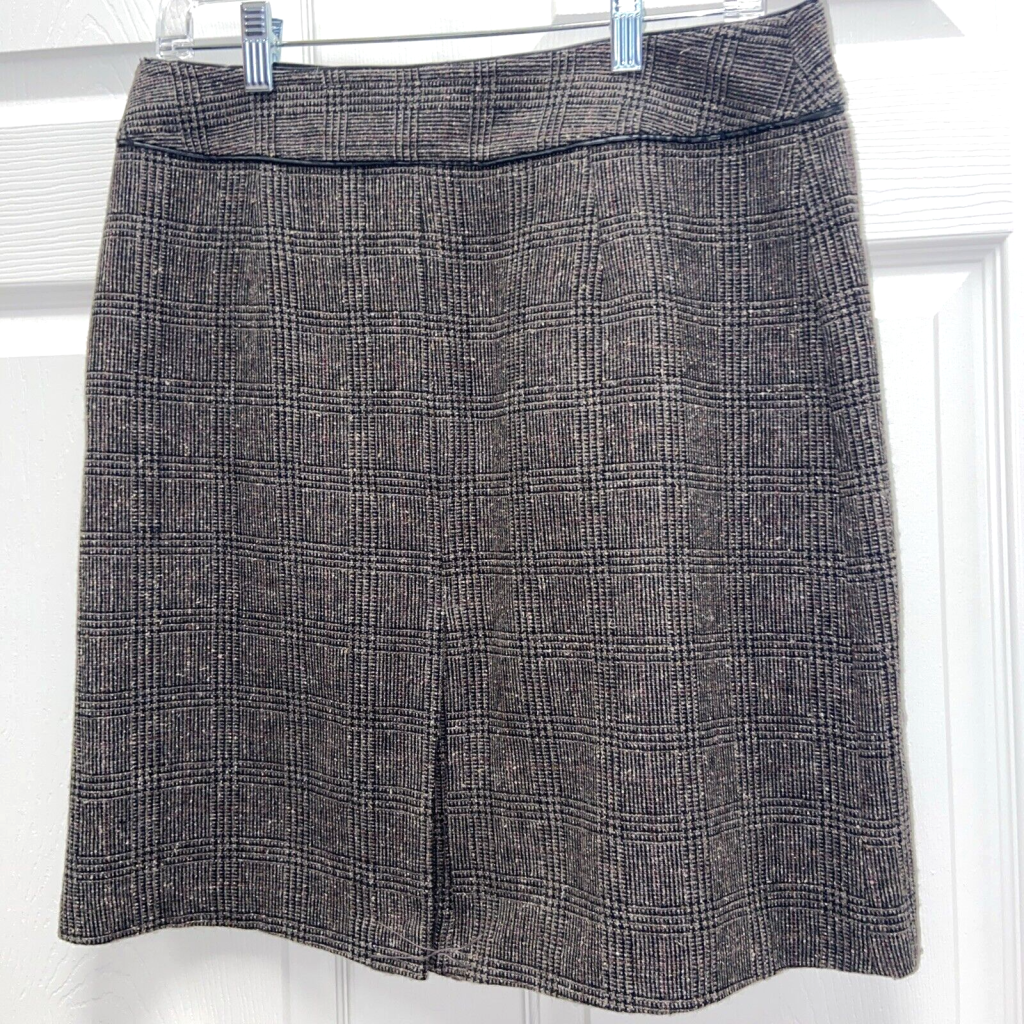 Vintage GEOFFREY BEENE Sport Brown Tweed A Line Midi Skirt Size 8 Leather Trim Main Image