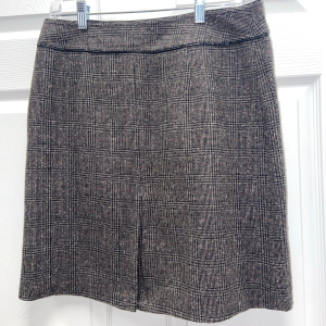 Vintage GEOFFREY BEENE Sport Brown Tweed A Line Midi Skirt Size 8 Leather Trim