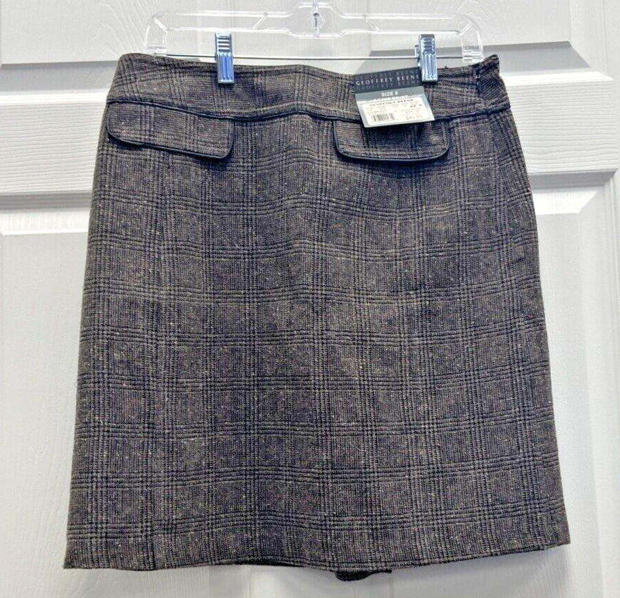Vintage GEOFFREY BEENE Sport Brown Tweed A Line Midi Skirt Size 8 Leather Trim - Image 2