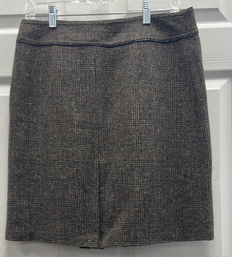 Vintage GEOFFREY BEENE Sport Brown Tweed A Line Midi Skirt Size 8 Leather Trim - Image 5
