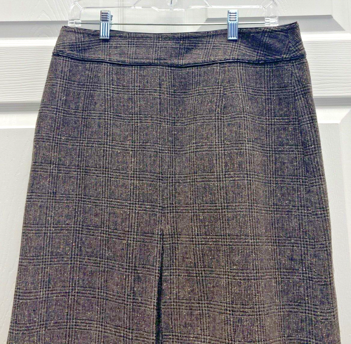 Vintage GEOFFREY BEENE Sport Brown Tweed A Line Midi Skirt Size 8 Leather Trim - Image 8