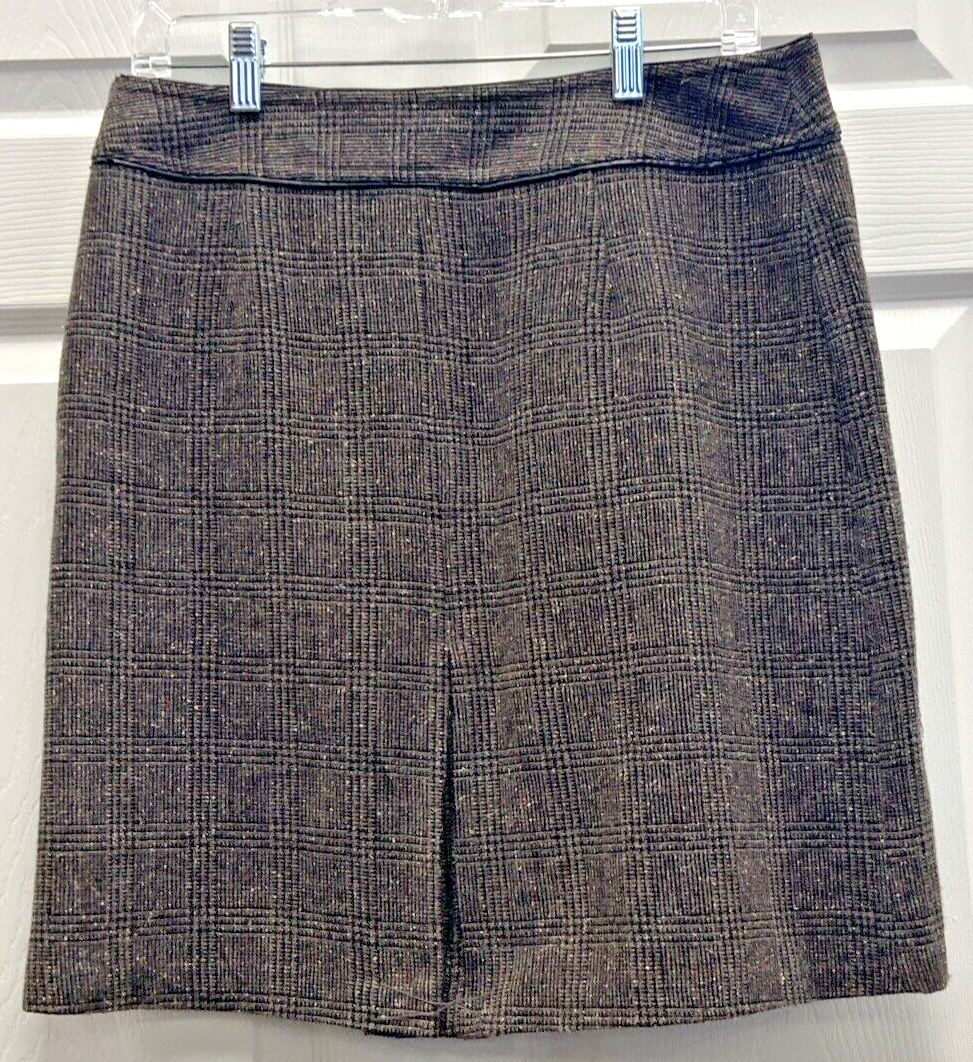 Vintage GEOFFREY BEENE Sport Brown Tweed A Line Midi Skirt Size 8 Leather Trim - Image 9