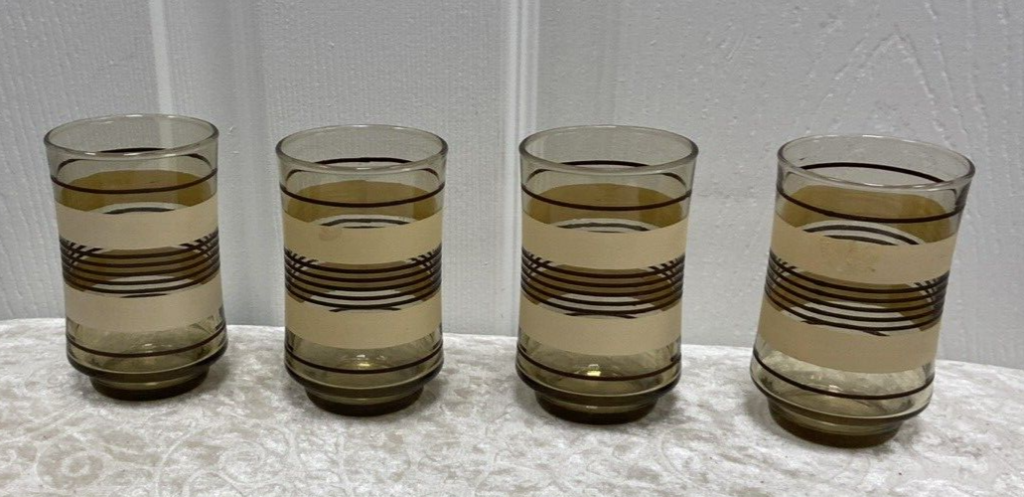 Vintage Libbey Juice Glasses Smoke Brown and Cream Striped Set of 4 EUC Main Image