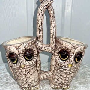 Vintage 1984 Sittre Ceramic Double Sided Owl Caddy, Planter, Utensils Tan