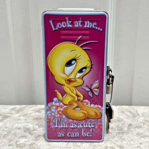 Looney Tunes Tweety Bird 2001 Pink Mini Locker Bank w Vintage Lock & Key EUC