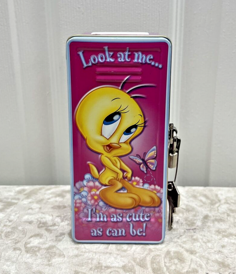 Looney Tunes Tweety Bird 2001 Pink Mini Locker Bank w Vintage Lock & Key EUC