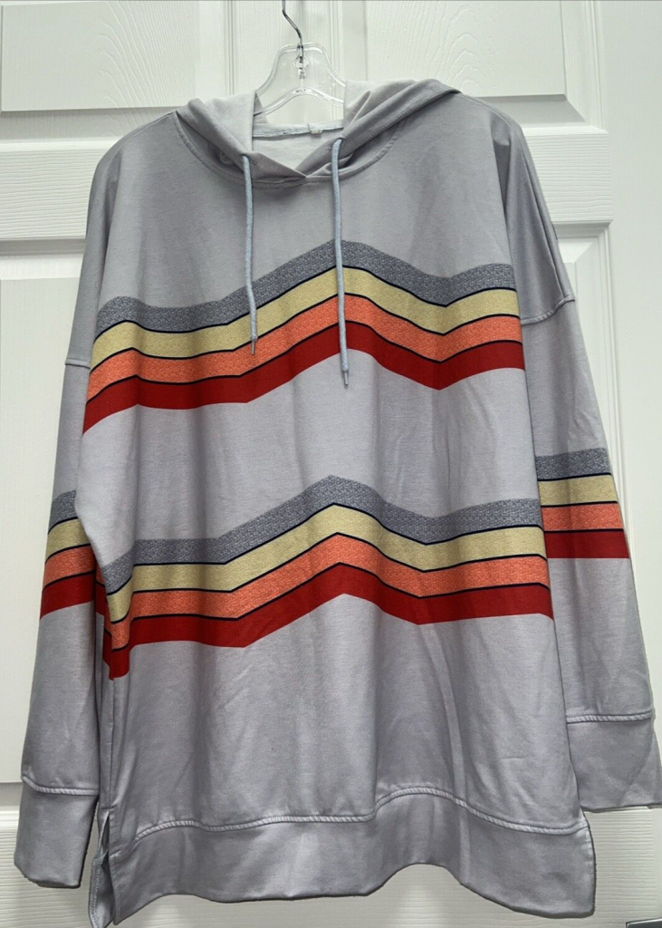 Women’s Gray Cheveron Color Block Stripe Drawstring Light Weight Hoodie XXL Main Image