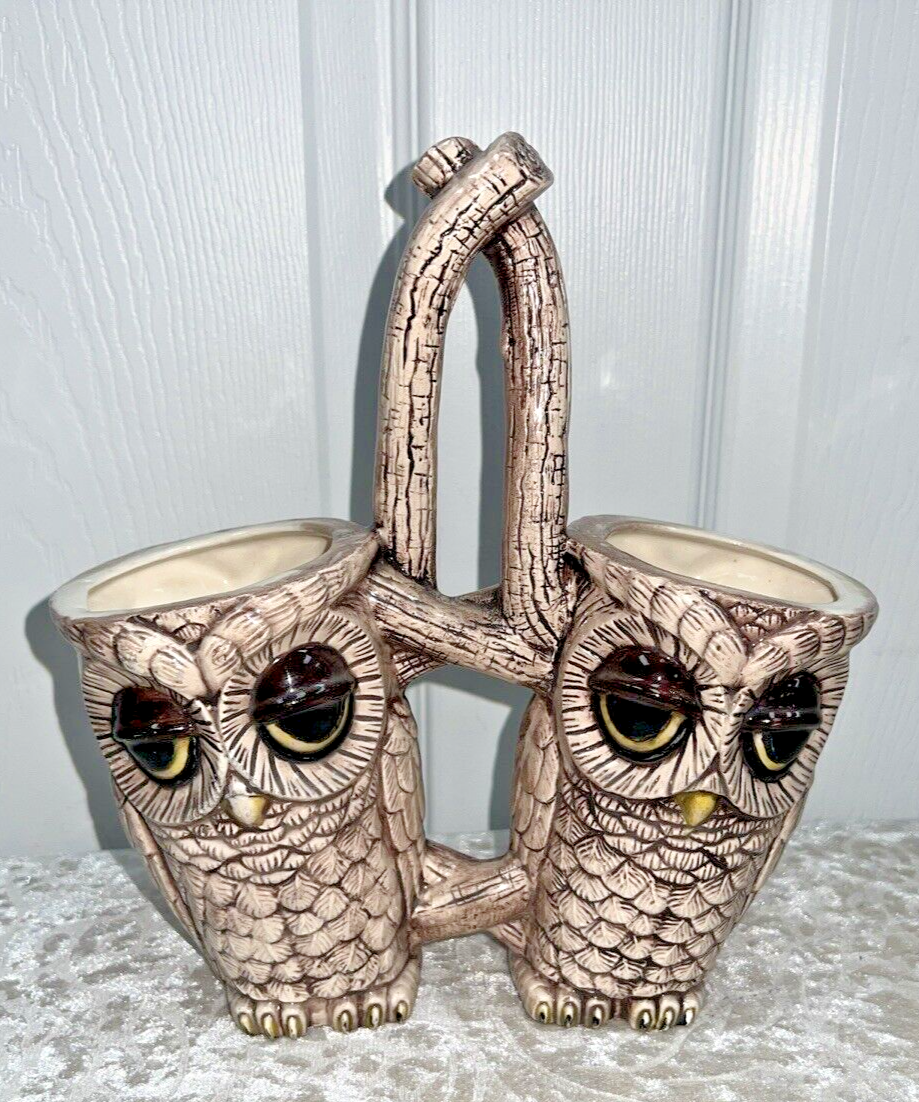 Vintage 1984 Sittre Ceramic Double Sided Owl Caddy, Planter, Utensils Tan - Image 5