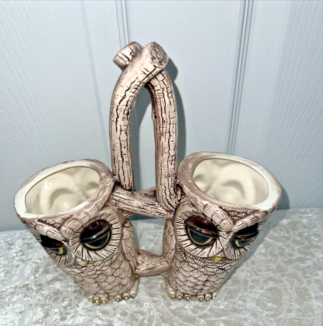 Vintage 1984 Sittre Ceramic Double Sided Owl Caddy, Planter, Utensils Tan - Image 6