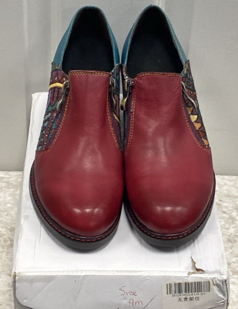 Fun Socofy Maroon & Turquoise Bohemian Leather Textured  Shoes Size 41 or 9M Main Image