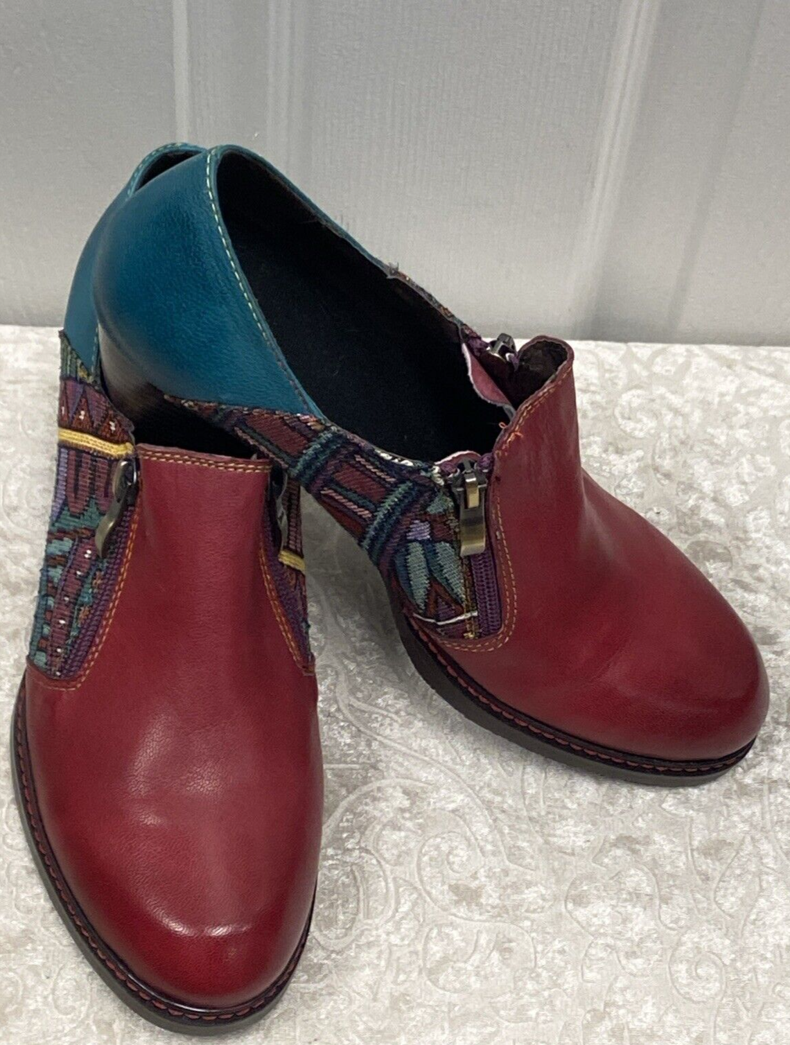 Fun Socofy Maroon & Turquoise Bohemian Leather Textured Shoes Size 41 or 9M - Image 2