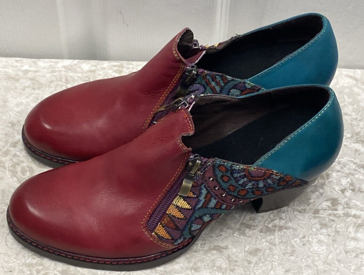 Fun Socofy Maroon & Turquoise Bohemian Leather Textured Shoes Size 41 or 9M - Image 3