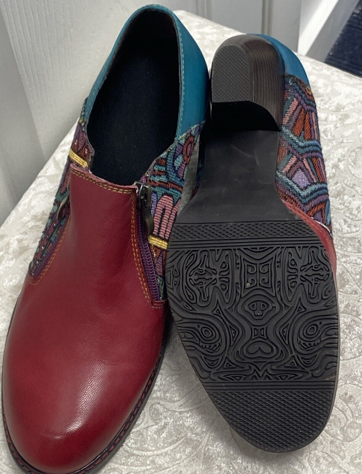 Fun Socofy Maroon & Turquoise Bohemian Leather Textured Shoes Size 41 or 9M - Image 4