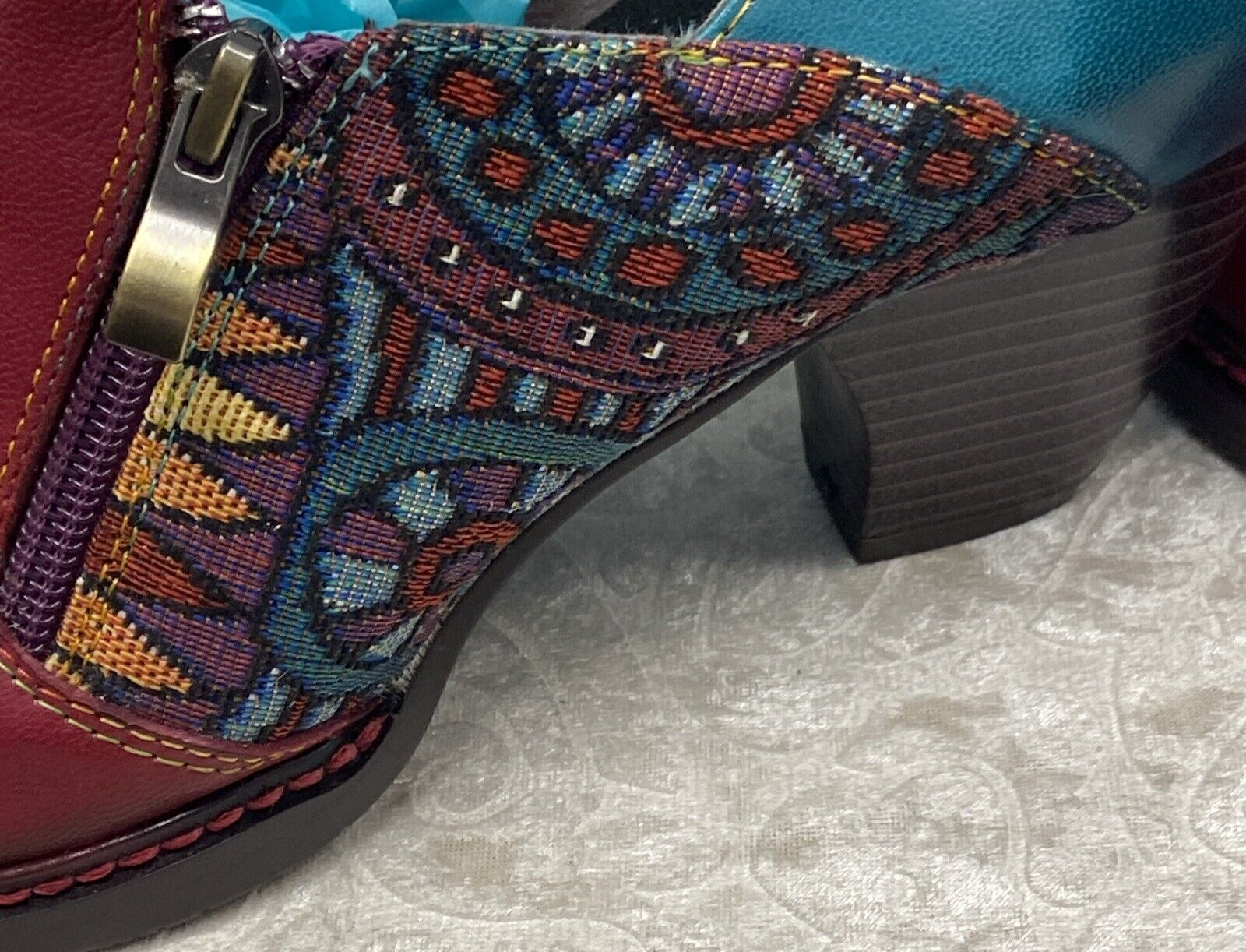 Fun Socofy Maroon & Turquoise Bohemian Leather Textured Shoes Size 41 or 9M - Image 5