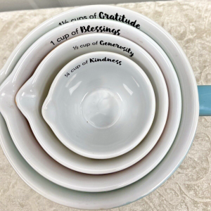 Deseret Book Ceramic Nesting Measuring Cups With Spouts and Sayings on Each Nice