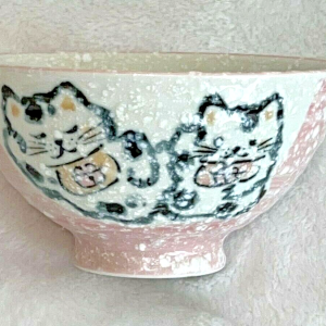 Japanese Rice Soup Bowl 4.5"D Porcelain Lucky Cats Made in Japan Pretty Pink