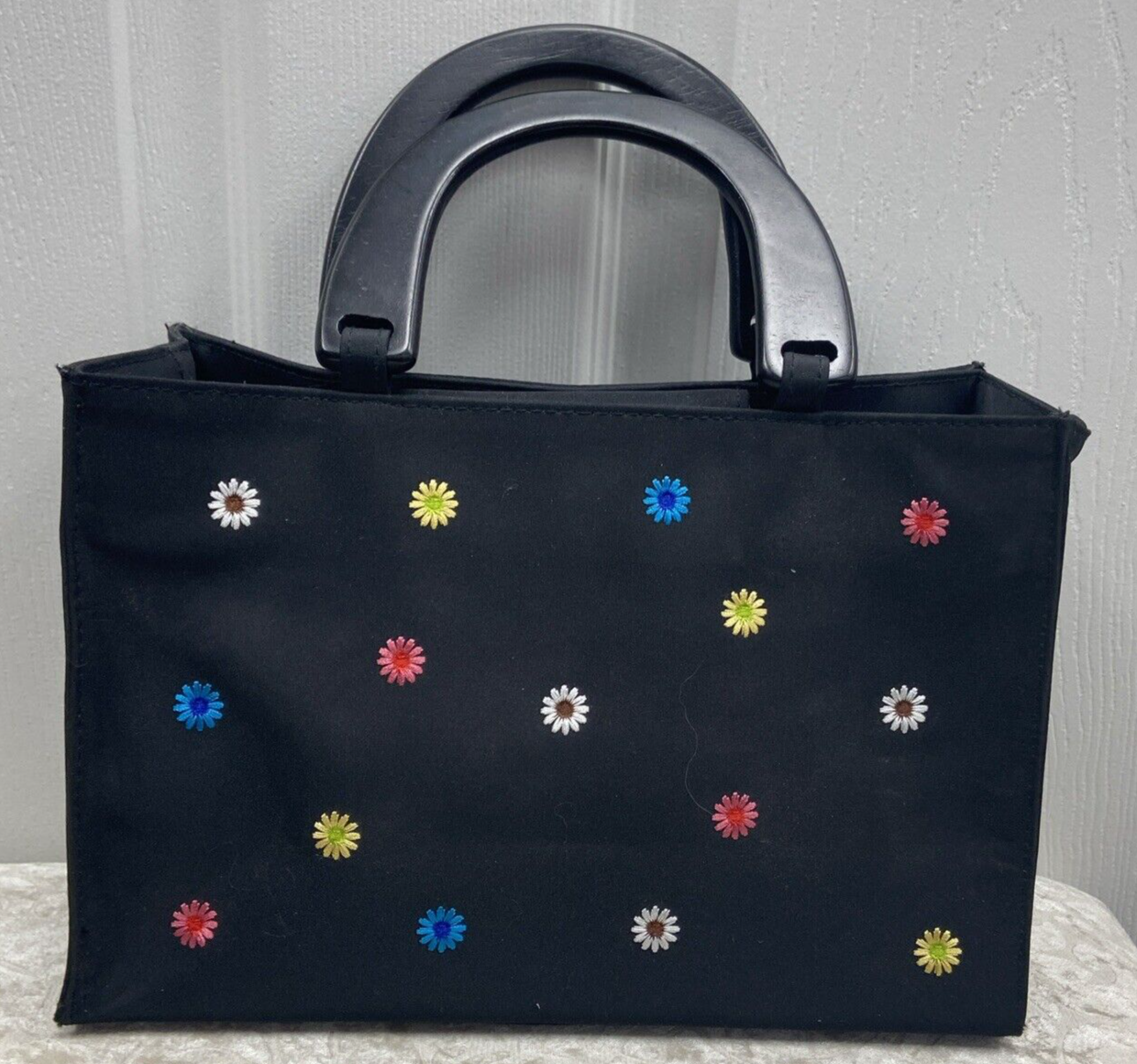 Bright Flowers On Black Tianni Purse, Black Weeden Handles, Hot Pink Lining