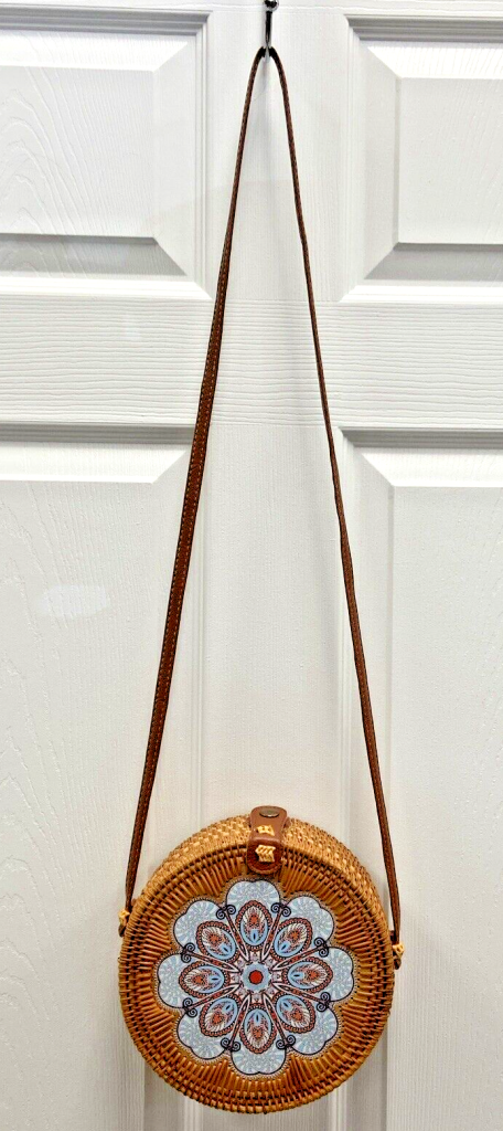 Antik Kraft Round Wooden Purse Crossbody Strap Wicker Rattan Boho 22" Strap Drop Main Image
