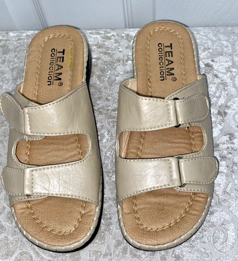 Team Collection 1" Wedge Tan Faux Leather Sandals shoes size 6M