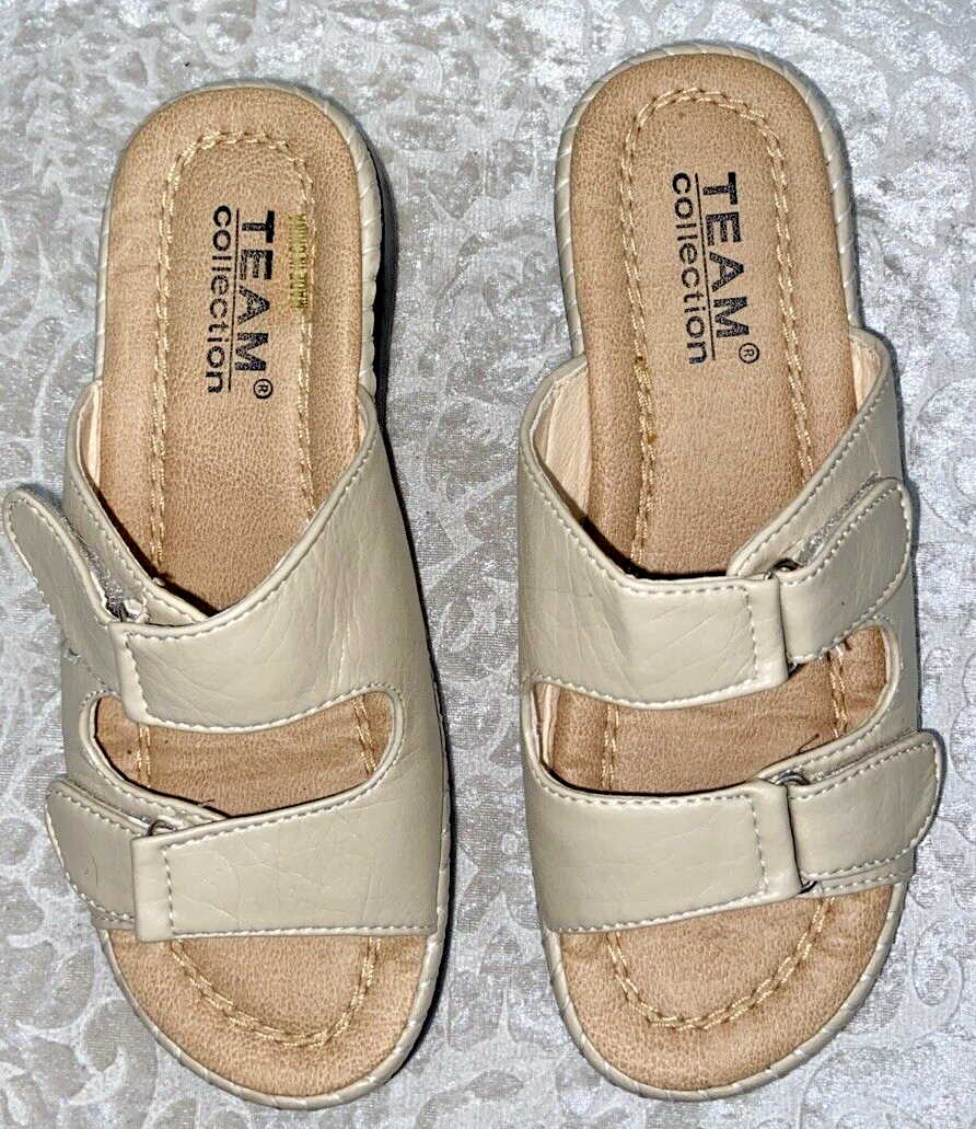 Team Collection 1" Wedge Tan Faux Leather Sandals shoes size 6M - Image 2
