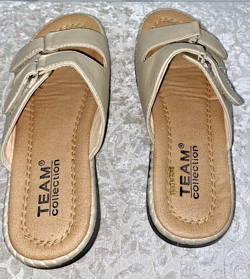 Team Collection 1" Wedge Tan Faux Leather Sandals shoes size 6M - Image 3