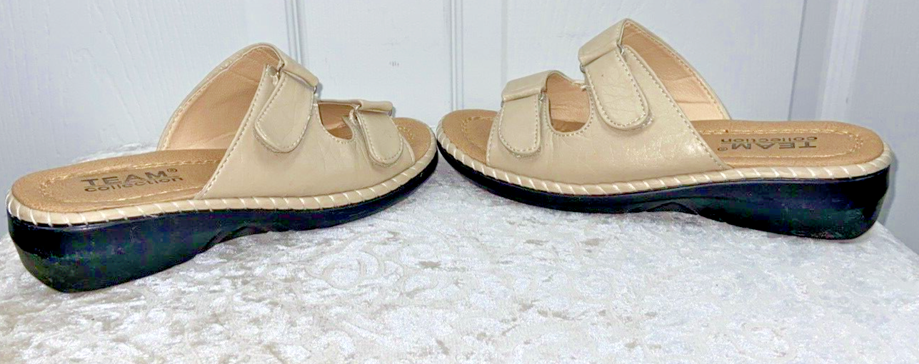 Team Collection 1" Wedge Tan Faux Leather Sandals shoes size 6M - Image 6