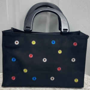 Bright Flowers On Black Tianni  Purse,  Black Weeden Handles, Hot Pink Lining